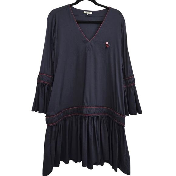 GANNI Navy Blue Poplin Midi Dress M Ruffle Embroidered Boho Luxury Minimalist - Picture 2 of 15